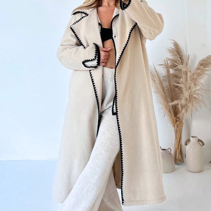 Vintage Patchwork Loose Long Coat - Elegant Women’s Autumn and Winter Coat with Turn-Down Collar and Pockets