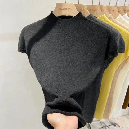 Semi-High Neck Knit Sleeveless Top for Women