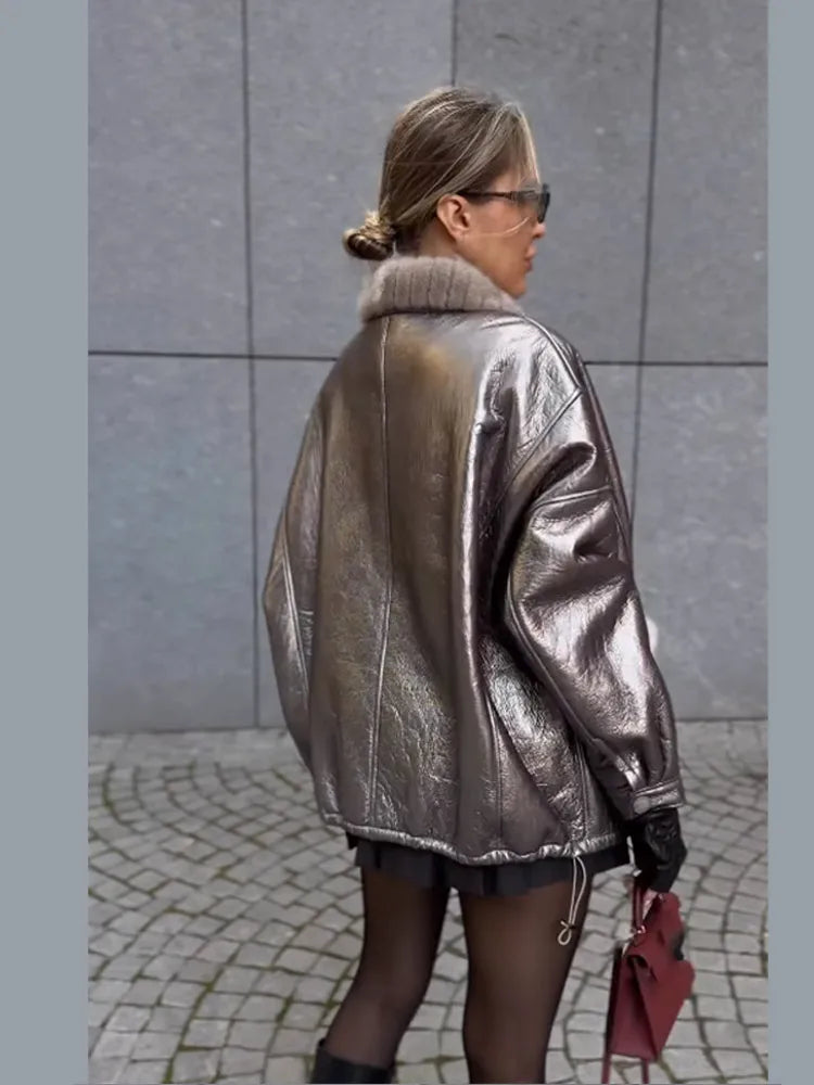 Shiny Fur Leather Coat for Women