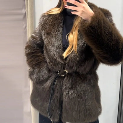Luxury Faux Fur Coat - Vintage Lapel Belted Thicken Outerwear for Women, Autumn Winter Fashion 2024