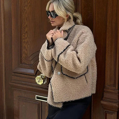 Plush Lapel V Neck Jacket - Casual Loose Fit Autumn Winter Coat with Pockets and Long Sleeves for Women