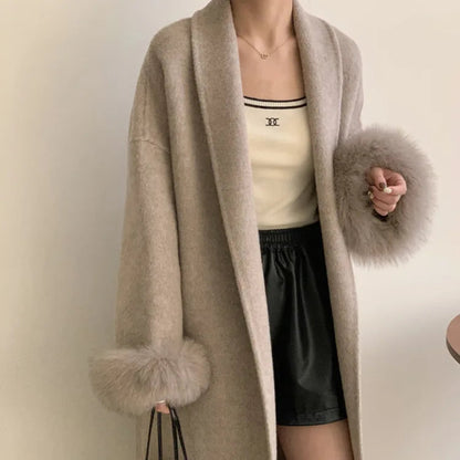 Elegant Women’s Woolen Coat with Belt and Fur Patchwork - European Style Winter Outerwear