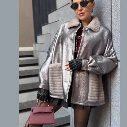 Shiny Fur Leather Coat for Women