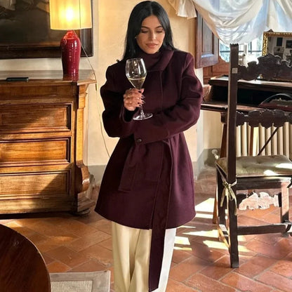 Burgundy Lace-Up Wool Coat - Stylish Women’s Wool Outerwear with Lace-Up Detail for Winter