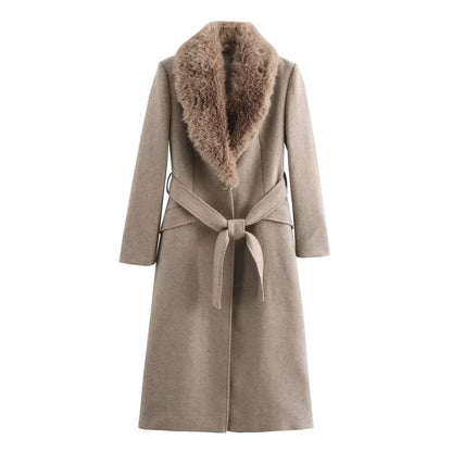 Elegant Wool Blend Long Coat - Faux Fur Collar, Belted French Chic Winter Overcoat for Women 2024