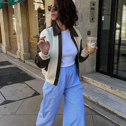 Contrasting Leather Jacket – Bold Color-Block Leather Outerwear for Women, Trendy and Stylish