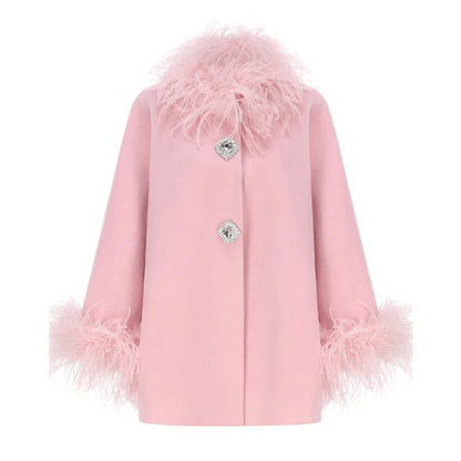 Elegant Feather Collar Cape Coat - Single-Breasted Autumn Outerwear for Women