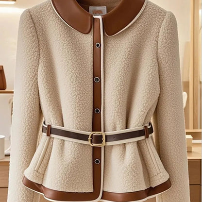 Winter Fashion Leather Patchwork Lambswool Coat - Stylish Women’s Single-Breasted Coat with Belt and Long Sleeves for Winter