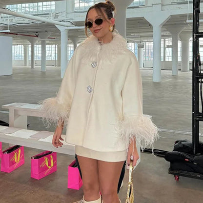 Elegant Feather Collar Cape Coat - Single-Breasted Autumn Outerwear for Women
