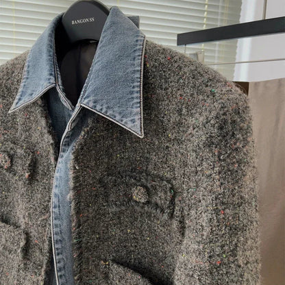 Chic Denim Patchwork Jacket - Retro Women’s Short Coat with Tassel Details and Turn Down Collar for Autumn Fashion