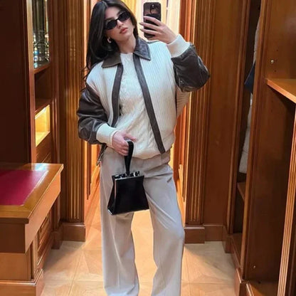 Contrasting Leather Jacket – Bold Color-Block Leather Outerwear for Women, Trendy and Stylish