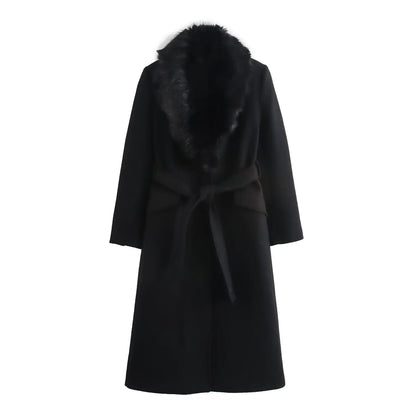 Elegant Wool Blend Long Coat - Faux Fur Collar, Belted French Chic Winter Overcoat for Women 2024