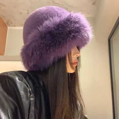 Women's Winter Fur Cap - Plush Fluffy Bomber Style Hat for Skiing and Ear Protection