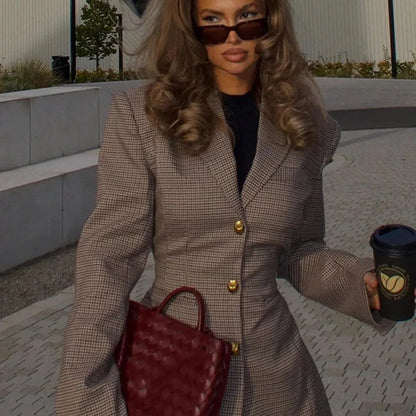 Khaki Plaid Suit Coat for Women