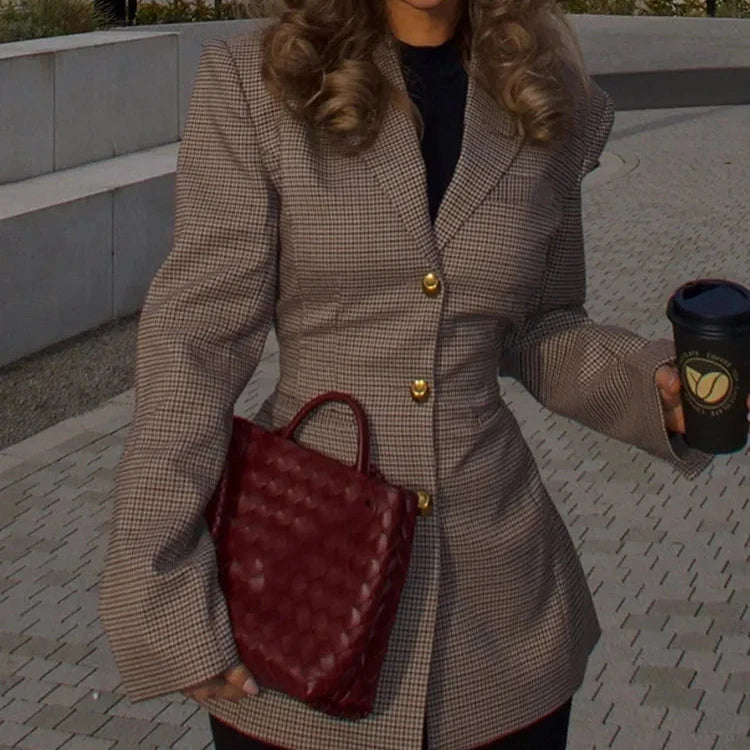 Khaki Plaid Suit Coat for Women