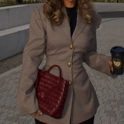 Khaki Plaid Suit Coat for Women