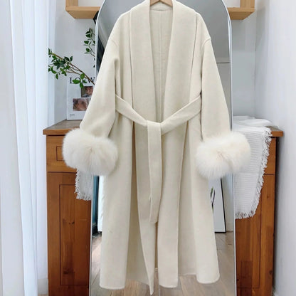 Elegant Women’s Woolen Coat with Belt and Fur Patchwork - European Style Winter Outerwear