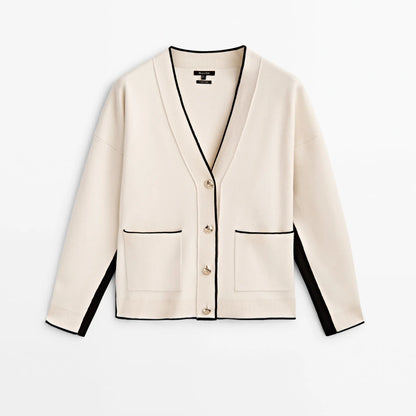 Slim-Fit Patchwork Knit Cardigan - Women’s Autumn Temperament Sweater with Pockets