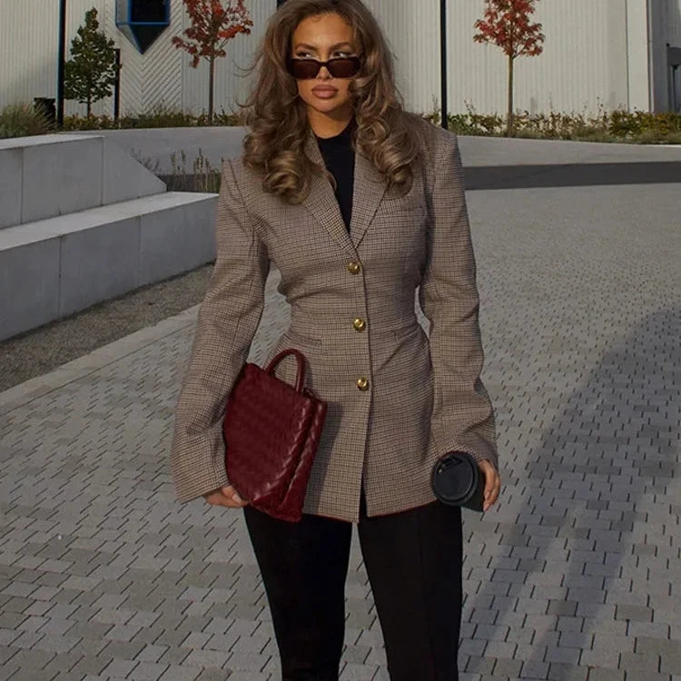 Khaki Plaid Suit Coat for Women