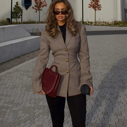 Khaki Plaid Suit Coat for Women