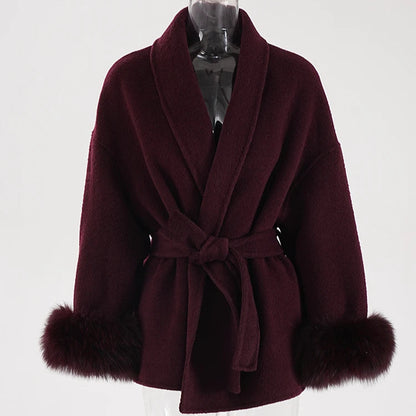 Elegant Women’s Woolen Coat with Belt and Fur Patchwork - European Style Winter Outerwear