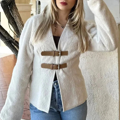 Woolen Buckle V-Neck Coat