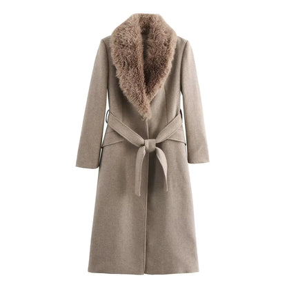 Elegant Wool Blend Long Coat - Faux Fur Collar, Belted French Chic Winter Overcoat for Women 2024
