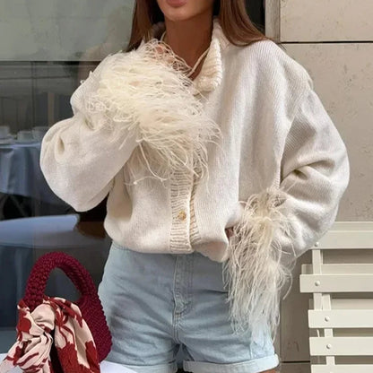 Chic Feather Patchwork Knit Cardigan – Cozy and Stylish Women’s Sweater for Fall & Winter