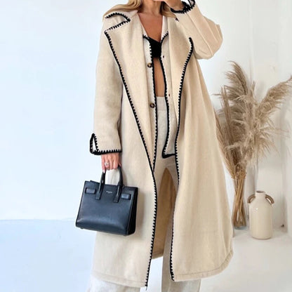 Vintage Patchwork Loose Long Coat - Elegant Women’s Autumn and Winter Coat with Turn-Down Collar and Pockets