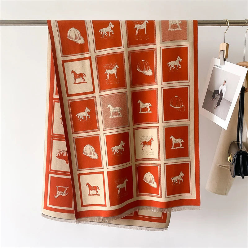 Luxury Horse Pashmina Shawl for Women - Warm Cashmere Winter Scarf and Thick Blanket Wrap