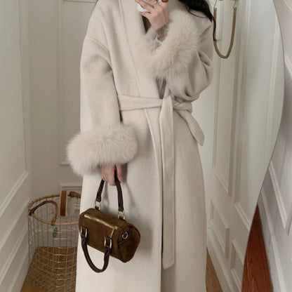 Elegant Women’s Woolen Coat with Belt and Fur Patchwork - European Style Winter Outerwear