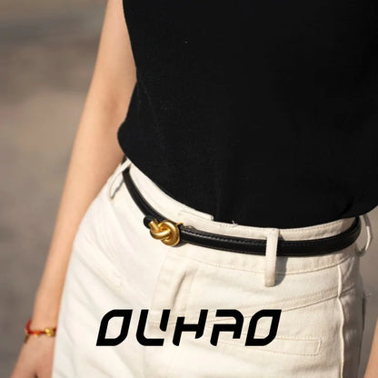 Genuine Leather Fashion Belt - High-Quality Metal Knot Buckle Waistband for Dress and Jeans