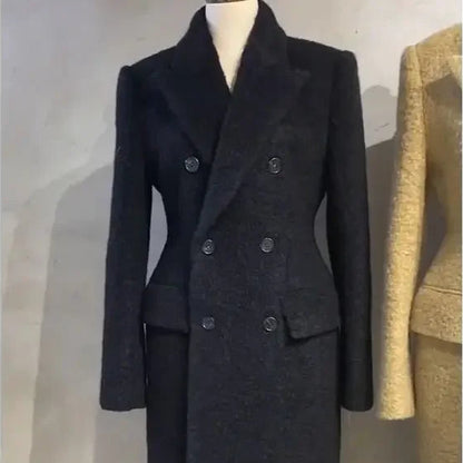 Elegant Quilted Tweed Coat - Light Luxury Women’s Light-Tan Suit Collar Long Autumn Outerwear 2023