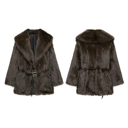 Luxury Faux Fur Coat - Vintage Lapel Belted Thicken Outerwear for Women, Autumn Winter Fashion 2024