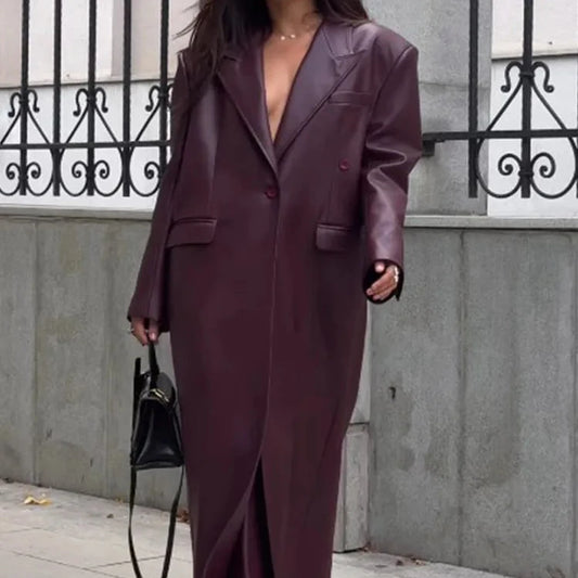Elegant Burgundy Leather Overcoat – Stylish and Sophisticated Women’s Leather Outerwear
