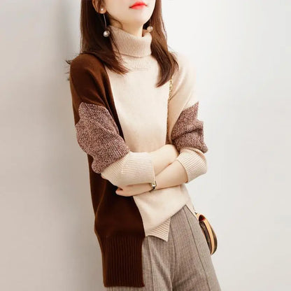 Korean Patchwork Turtleneck Sweater - Loose Knitting Autumn Winter Bottoming Shirt for Women