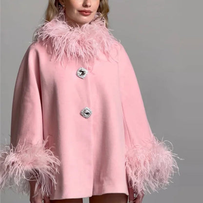Elegant Feather Collar Cape Coat - Single-Breasted Autumn Outerwear for Women