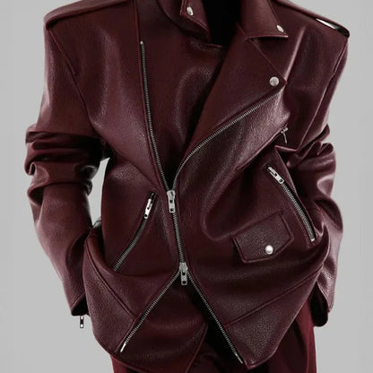 Women's Burgundy Zipper Leather Jacket - Stylish Faux Leather Biker Outerwear