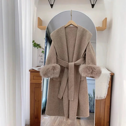 Elegant Women’s Woolen Coat with Belt and Fur Patchwork - European Style Winter Outerwear
