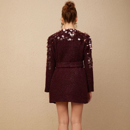 Sequined Patchwork Belted Jacket for Women