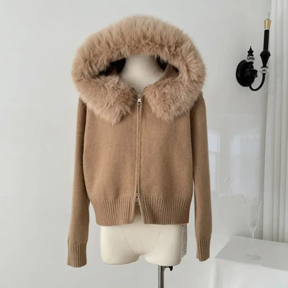 Women's Cashmere Hooded Zipper Cardigan - Soft, Warm, and Stylish Knit Outerwear