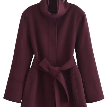 Burgundy Lace-Up Wool Coat - Stylish Women’s Wool Outerwear with Lace-Up Detail for Winter
