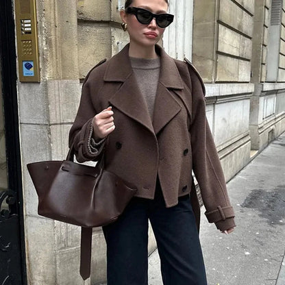 Solid Wool Cropped Coat for Women