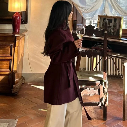 Burgundy Lace-Up Wool Coat - Stylish Women’s Wool Outerwear with Lace-Up Detail for Winter