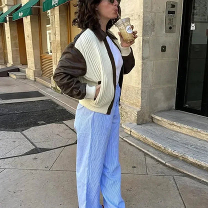 Contrasting Leather Jacket – Bold Color-Block Leather Outerwear for Women, Trendy and Stylish