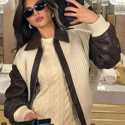 Contrasting Leather Jacket – Bold Color-Block Leather Outerwear for Women, Trendy and Stylish