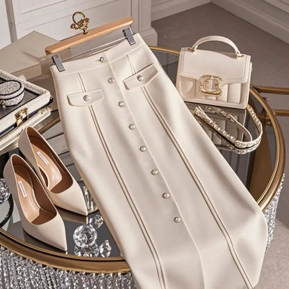 Autumn Solid Color Slim Skirt - High Waist Button Detail Patchwork Skirt for Women’s Office or Winter Style