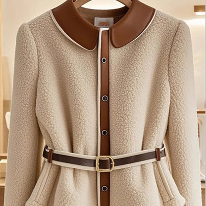 Winter Fashion Leather Patchwork Lambswool Coat - Stylish Women’s Single-Breasted Coat with Belt and Long Sleeves for Winter