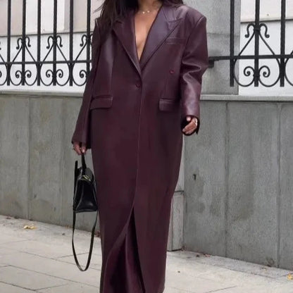 Elegant Burgundy Leather Overcoat – Stylish and Sophisticated Women’s Leather Outerwear