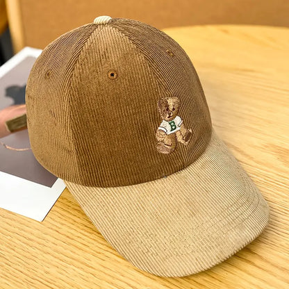 Anime Bear Embroidered Cotton Corduroy Baseball Cap for Women - Adjustable Casual Hat with Drawstring, Lightweight and Comfortable